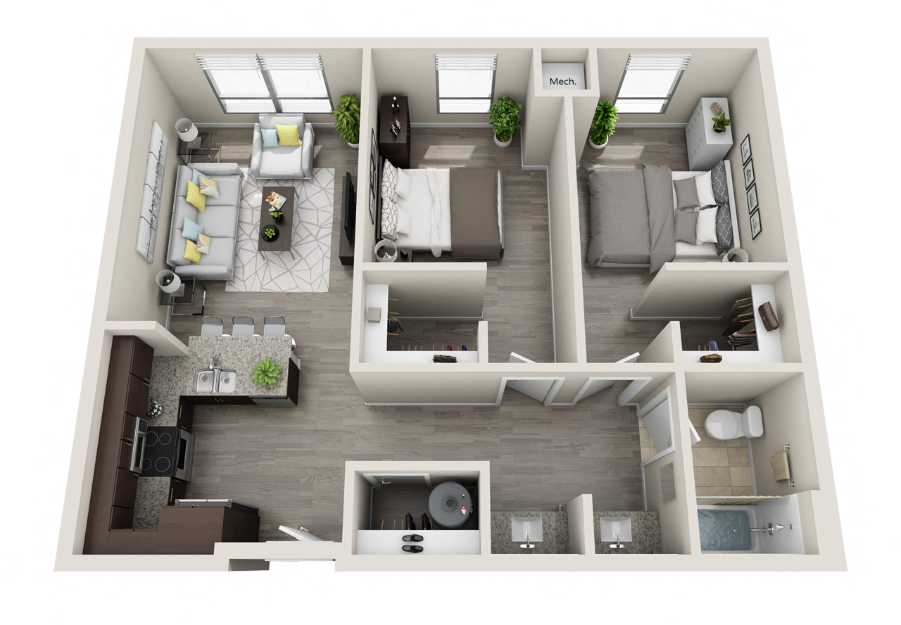 Floor plan for 2 beds, 1 bath, 865 sqft